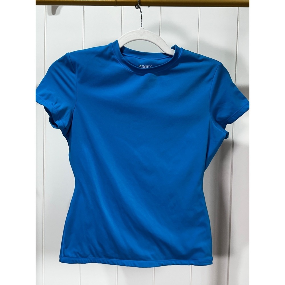 Pumiey Womens Short Sleeve Athletic Training Top Blue Crew Neck Shirt